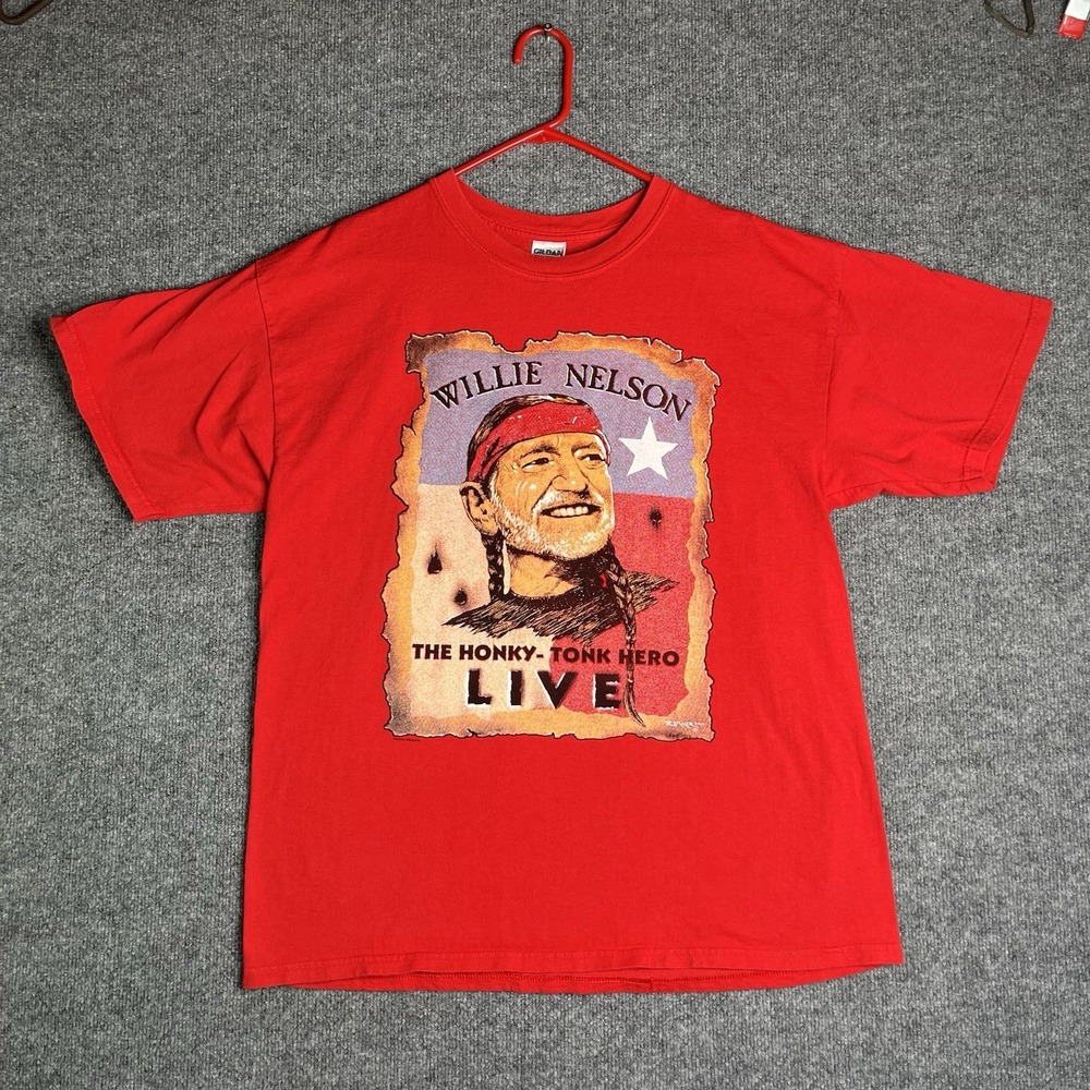 Vintage Willie Nelson T-shirt XL The Honky Tonk Hero Live Red Double Sided‎